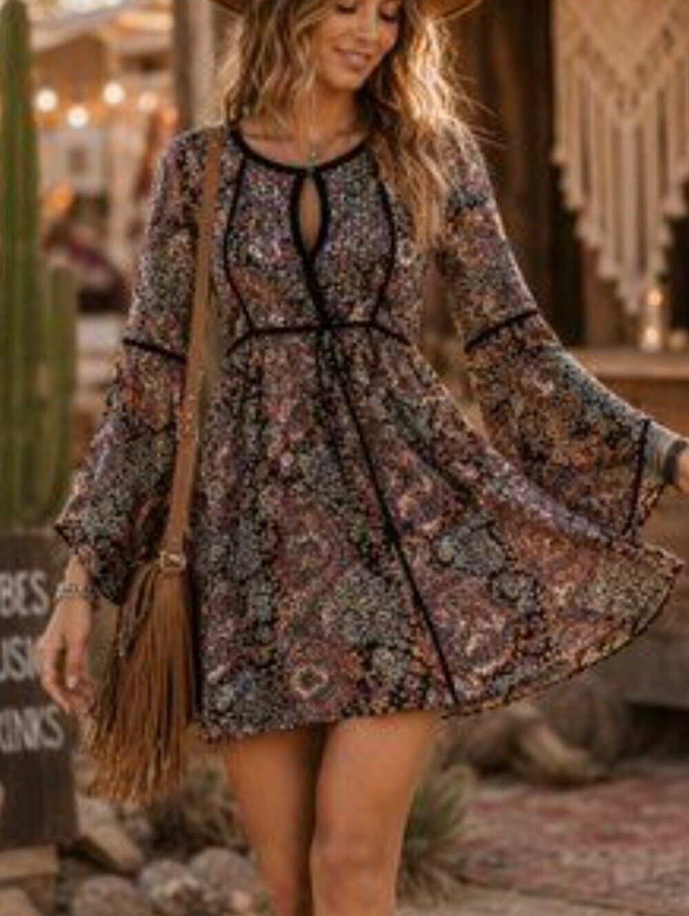American Eagle Boho Paisley Velvet-Trim Mini Dress Bell Sleeves Size M